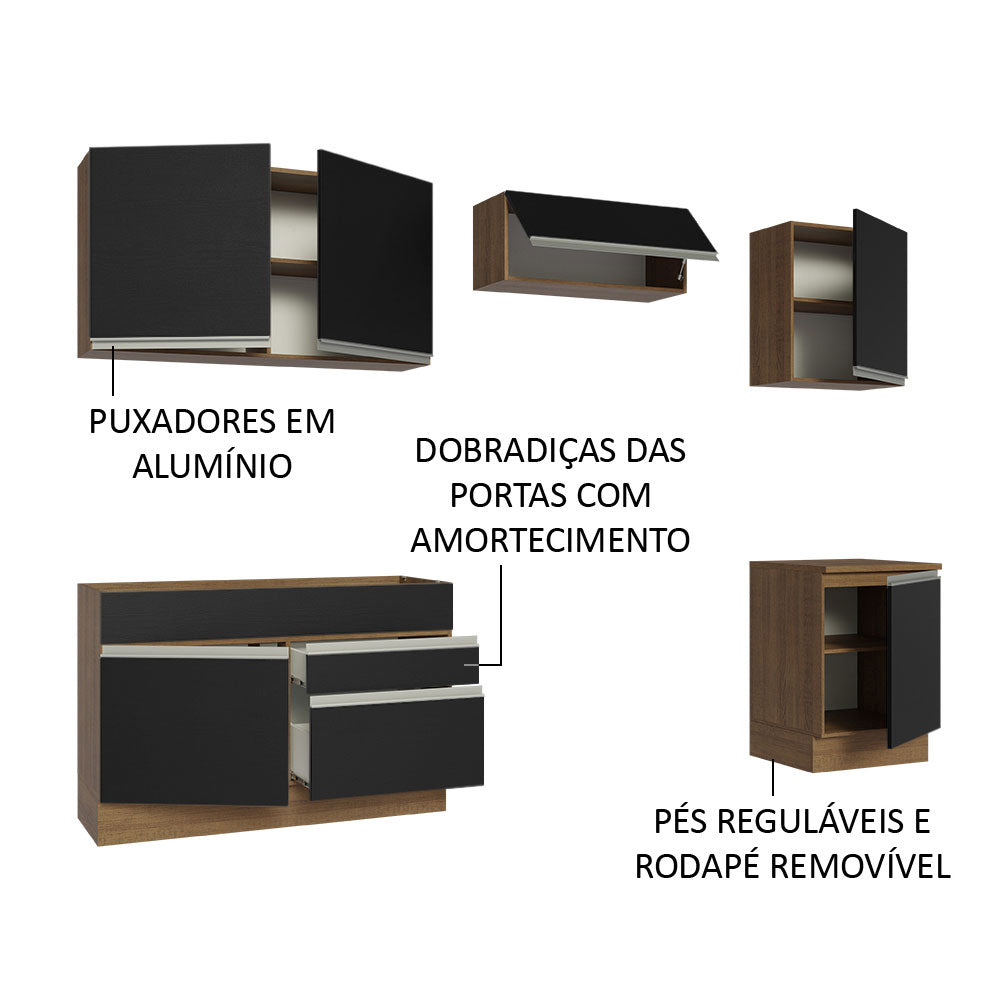 Armário de Cozinha Completa 260cm Rustic/Preto Glamy Madesa 05