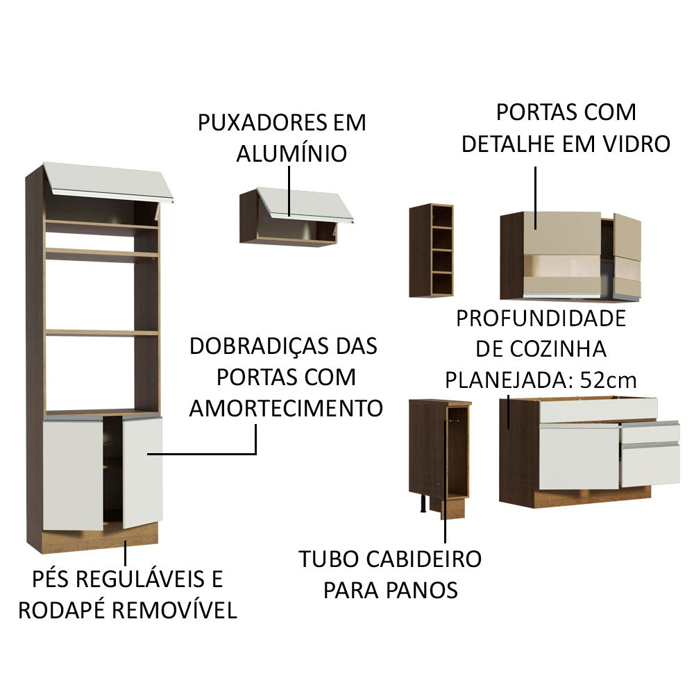 Armário de Cozinha Completa 270cm Rustic/Branco/Crema Jade Madesa 08
