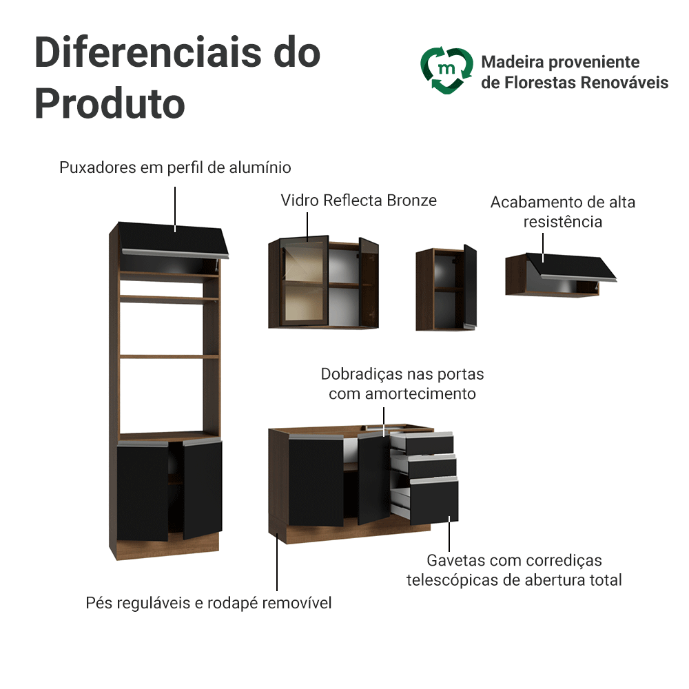 Armário de Cozinha Completa 270 cm Rustic/Preto Glamy Madesa 18