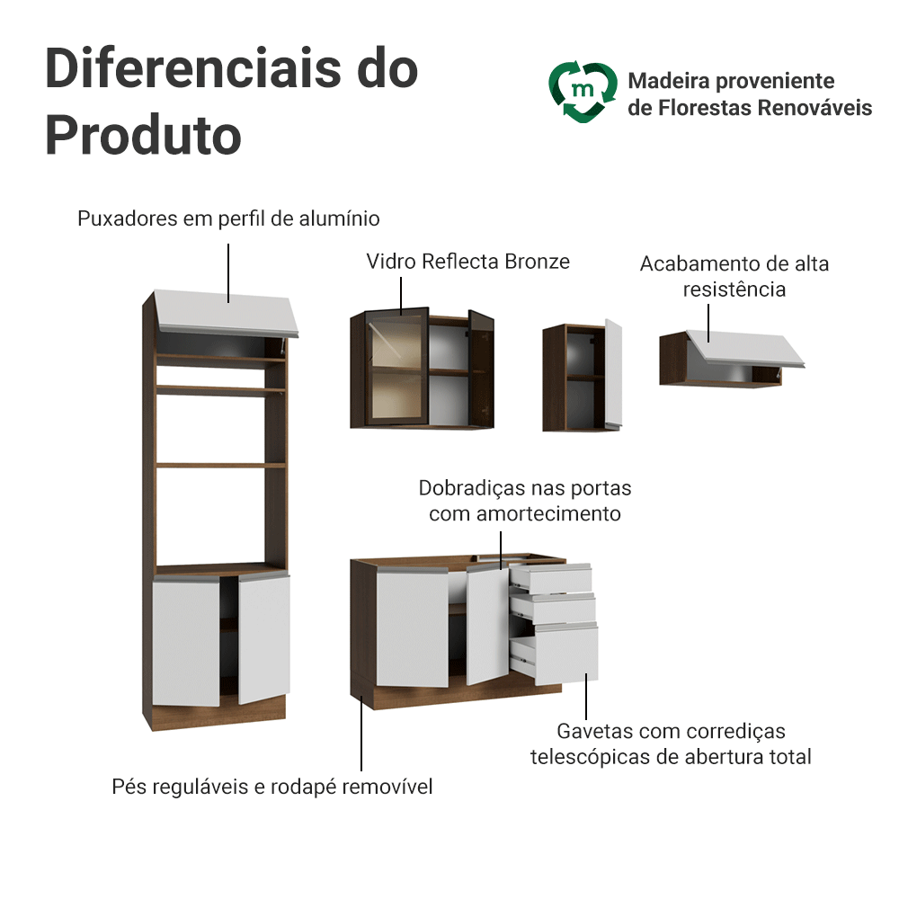Armário de Cozinha Completa 270 cm Rustic/Branco Glamy Madesa 18
