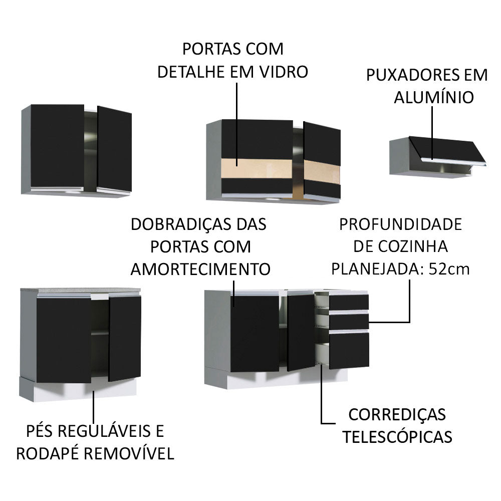 Armário de Cozinha Completa 280cm Branco/Preto Marcela Madesa 03
