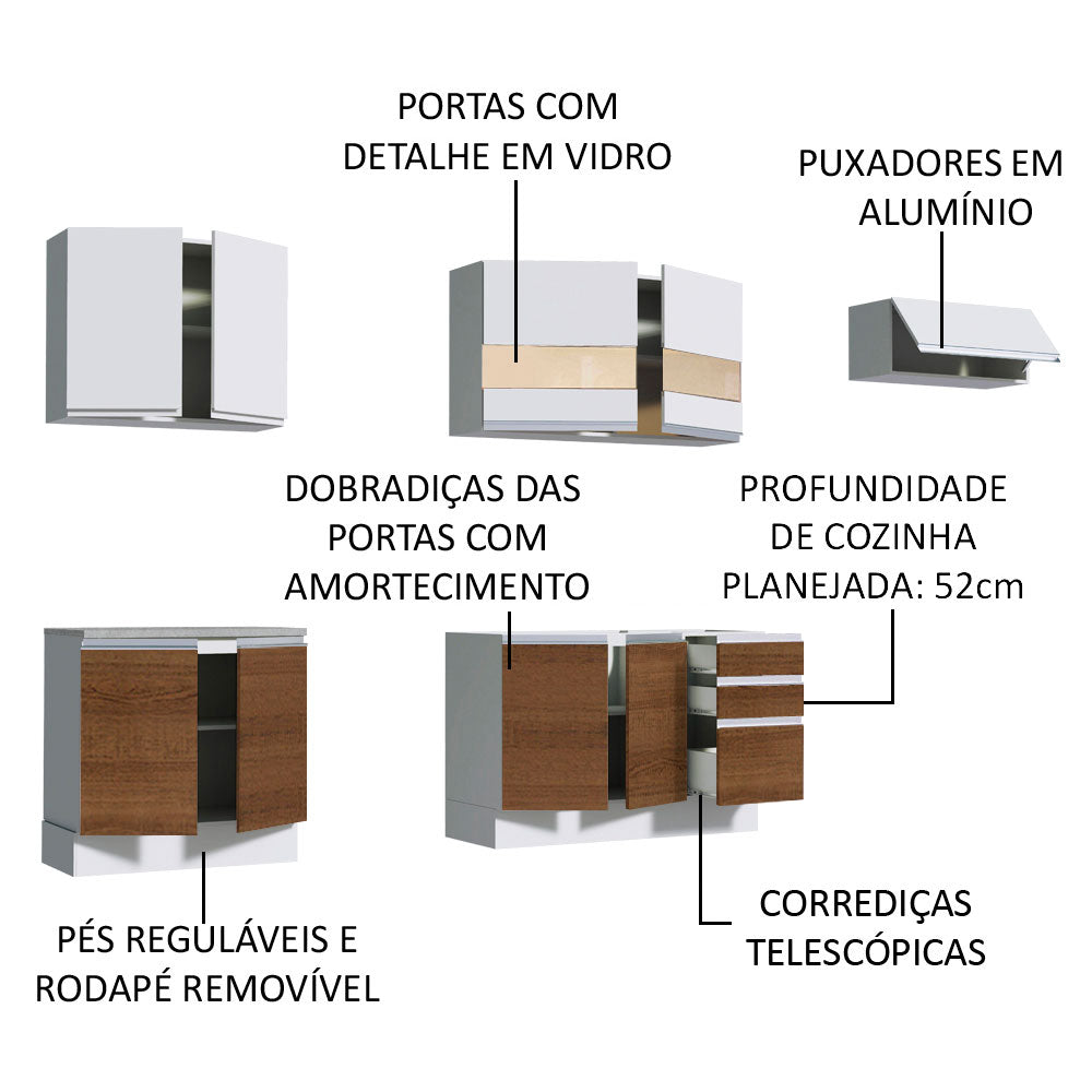 Armário de Cozinha Completa 280cm Branco/Rustic/Branco Marcela Madesa 03