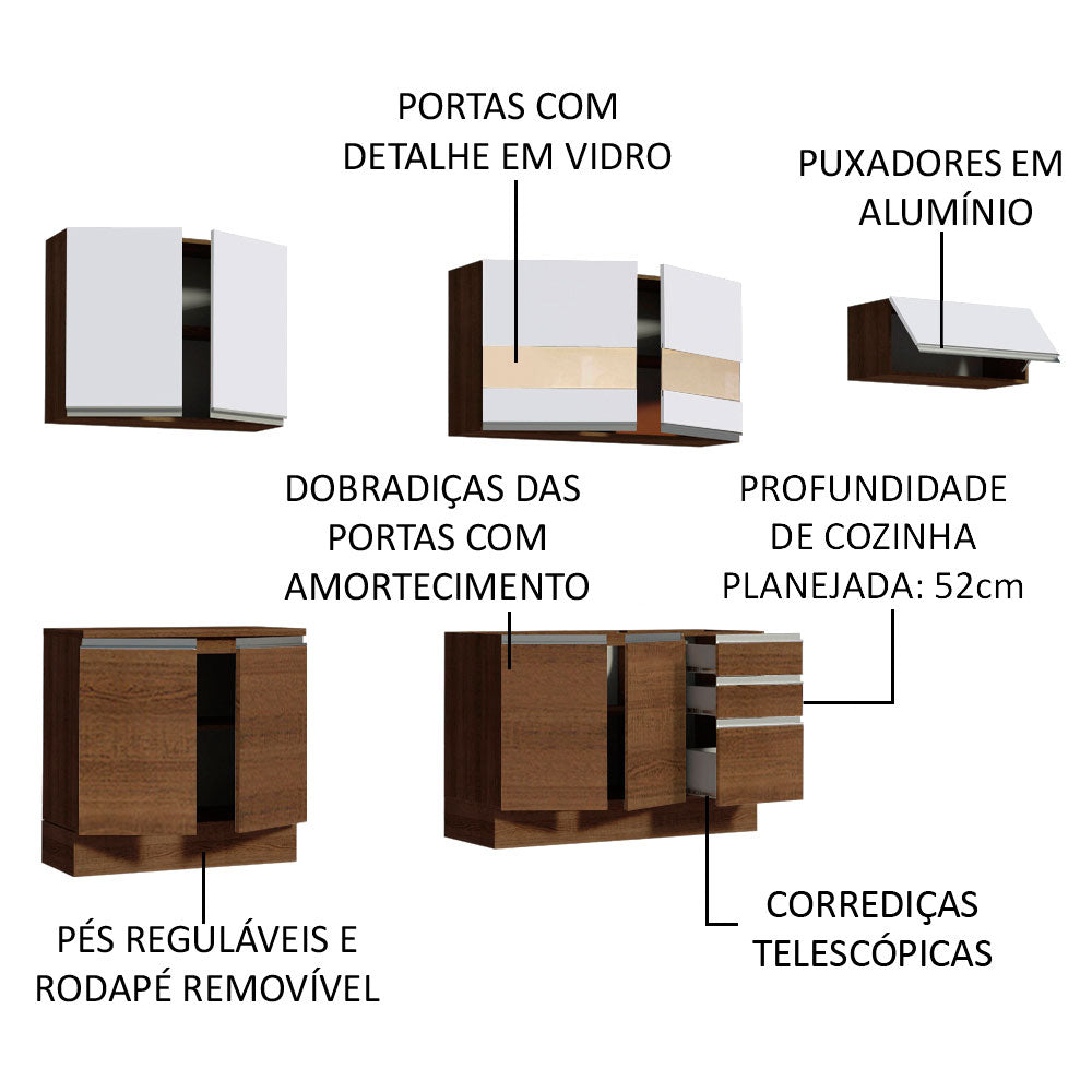 Armário de Cozinha Completa 280cm Rustic/Rustic/Branco Marcela Madesa 03