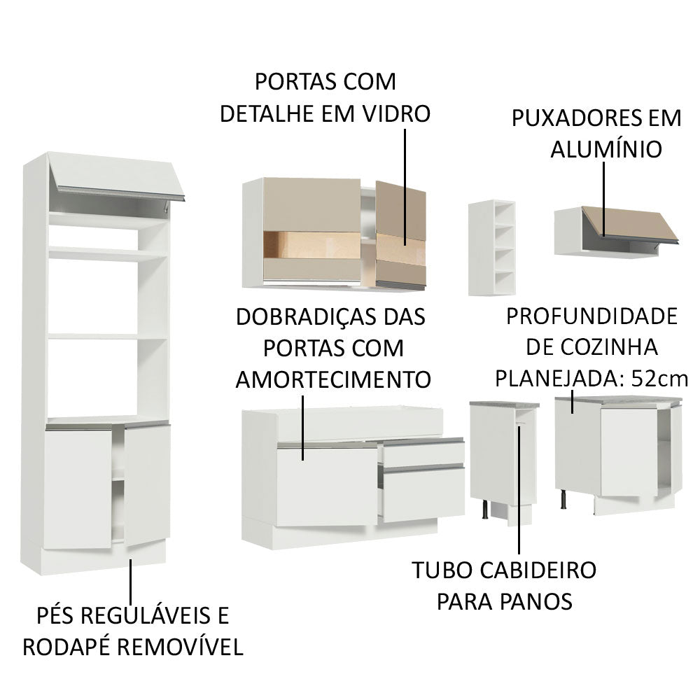 Armário de Cozinha Completa 290cm Branco/Branco/Crema Vicenza Madesa 01