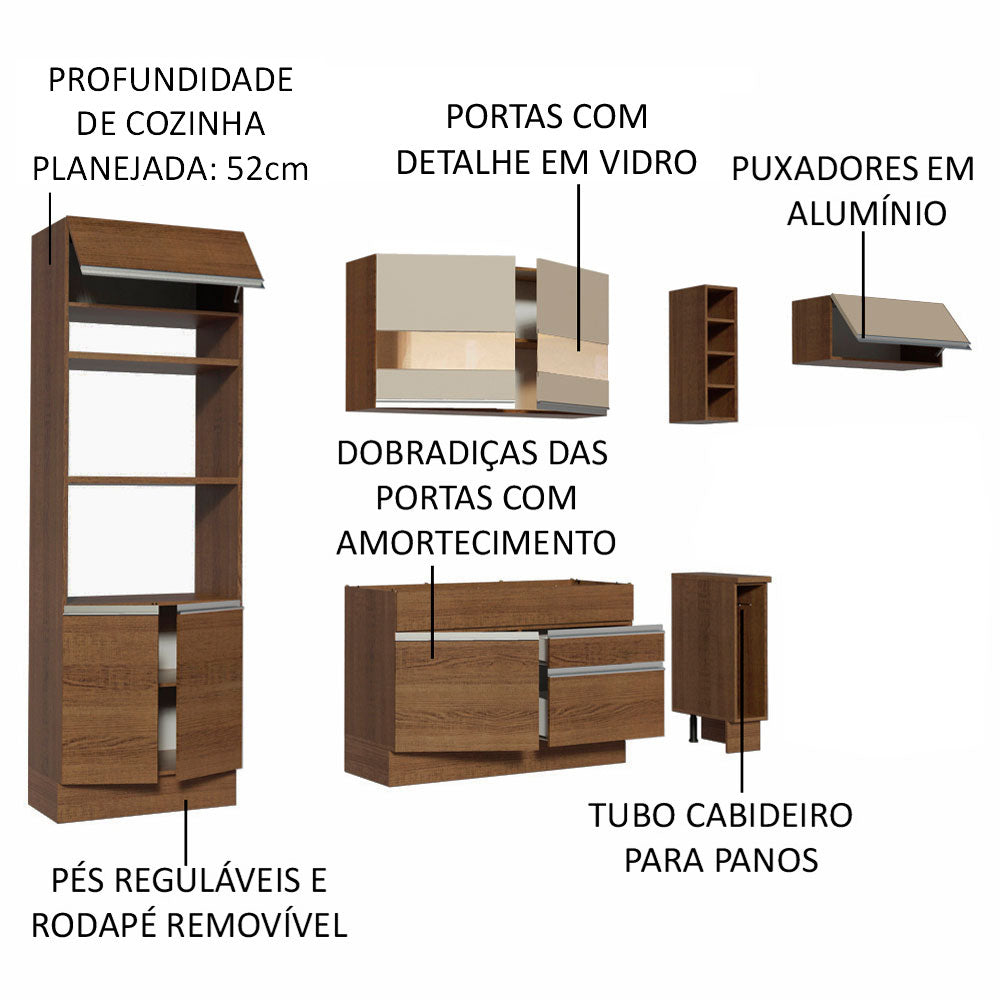 Armário de Cozinha Completa 290cm Rustic/Crema Safira Madesa 03