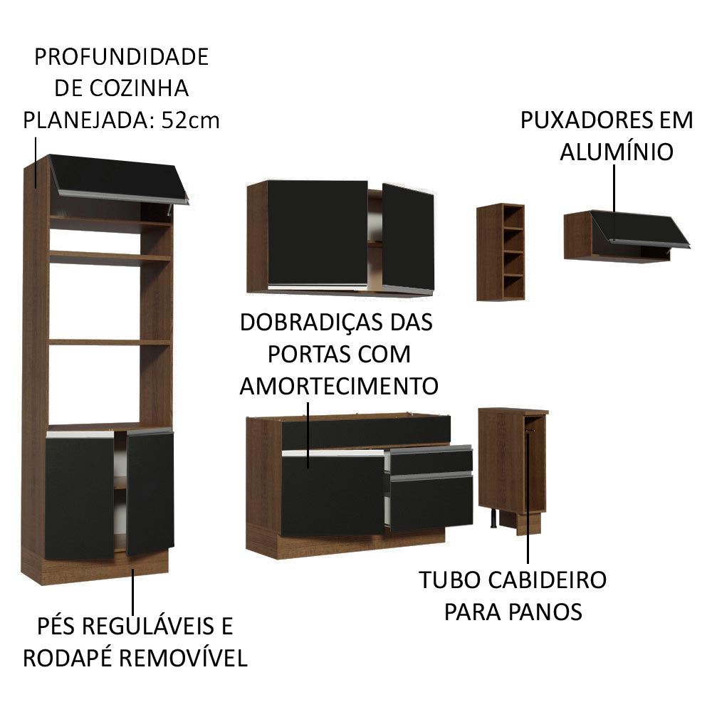 Armário de Cozinha Completa 290cm Rustic/Preto Safira Madesa 04