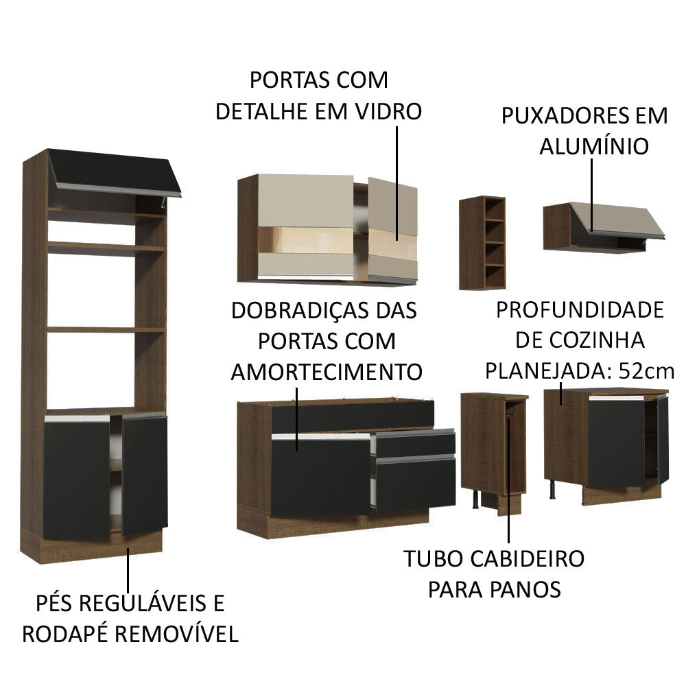 Armário de Cozinha Completa 290cm Rustic/Preto/Crema Vicenza Madesa 06