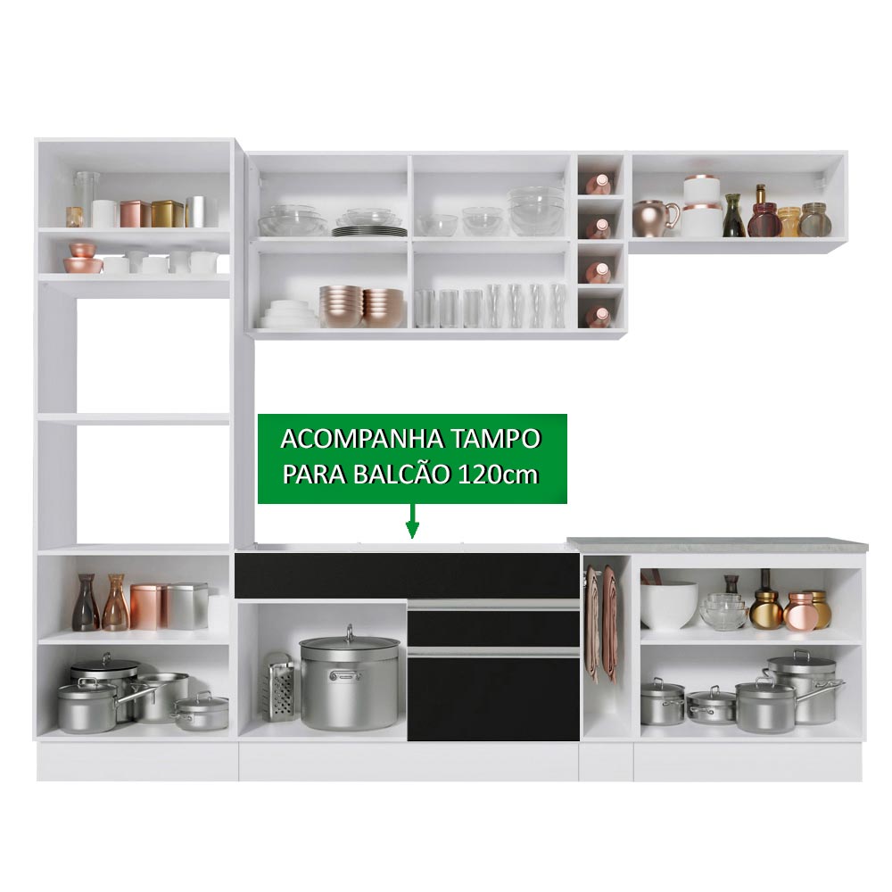 Armário de Cozinha Completa 290cm Branco/Preto/Crema Vicenza Madesa 15
