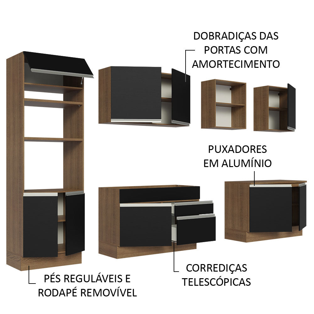 Armário de Cozinha Completa 310cm Rustic/Preto Glamy Madesa 02