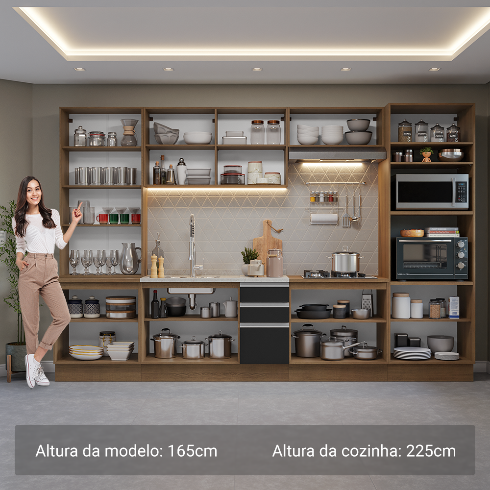 Armário de Cozinha Completa 340cm Rustic/Preto Glamy Madesa 01