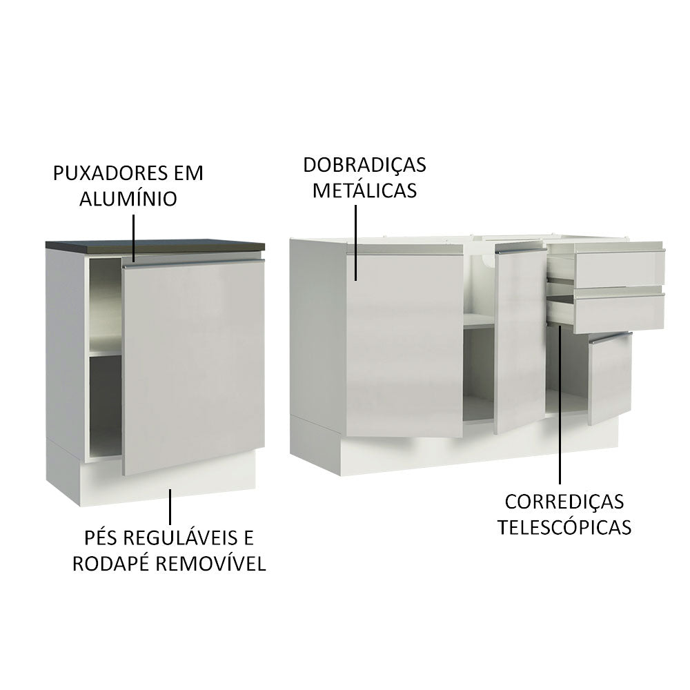 Kit com 2 Balcões de Cozinha Madesa Acordes 100% MDF (Sem Tampo e Pia) Frentes Branco Brilho