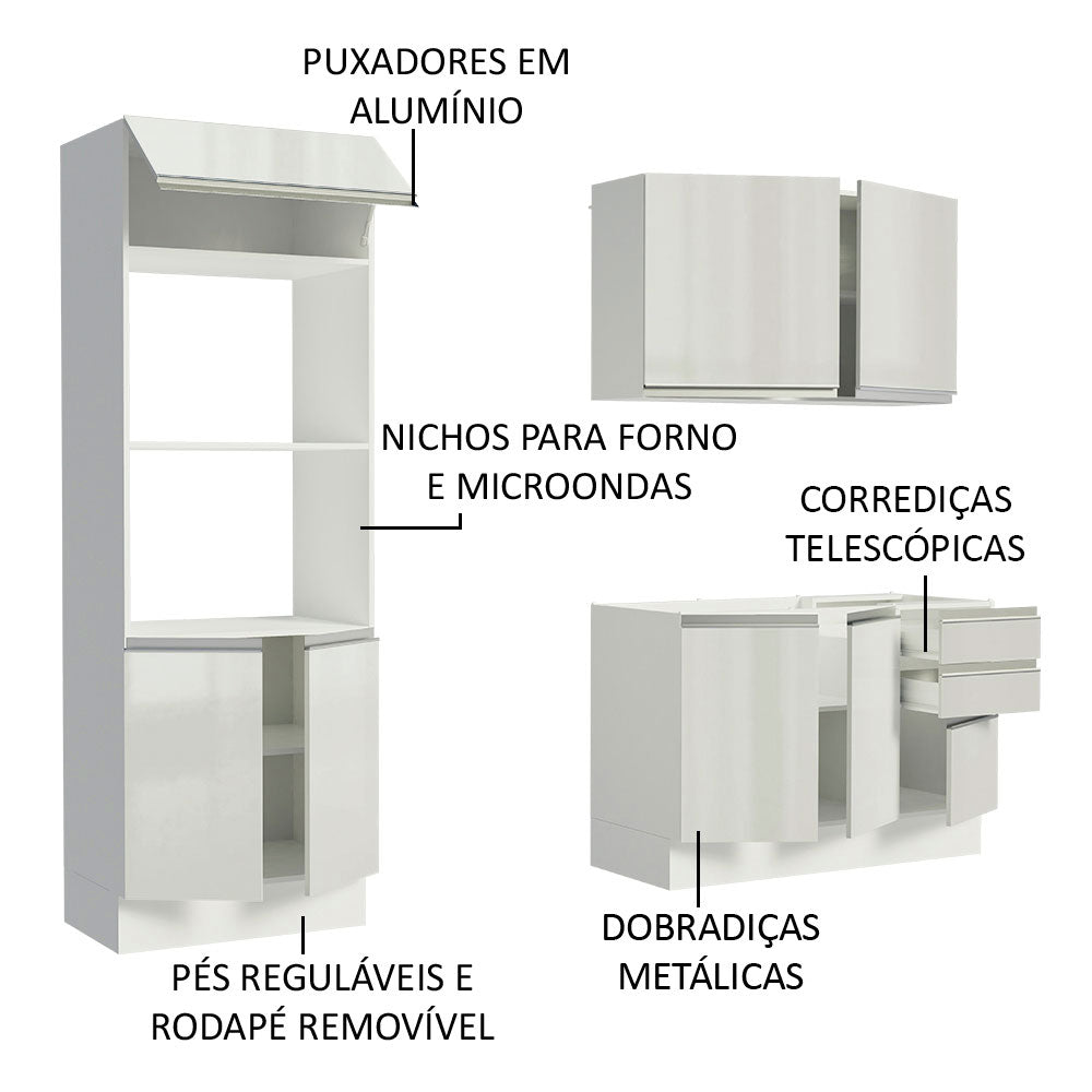 Armário de Cozinha Compacta 100% MDF 190cm Portas Branco Brilho Acordes Madesa 01