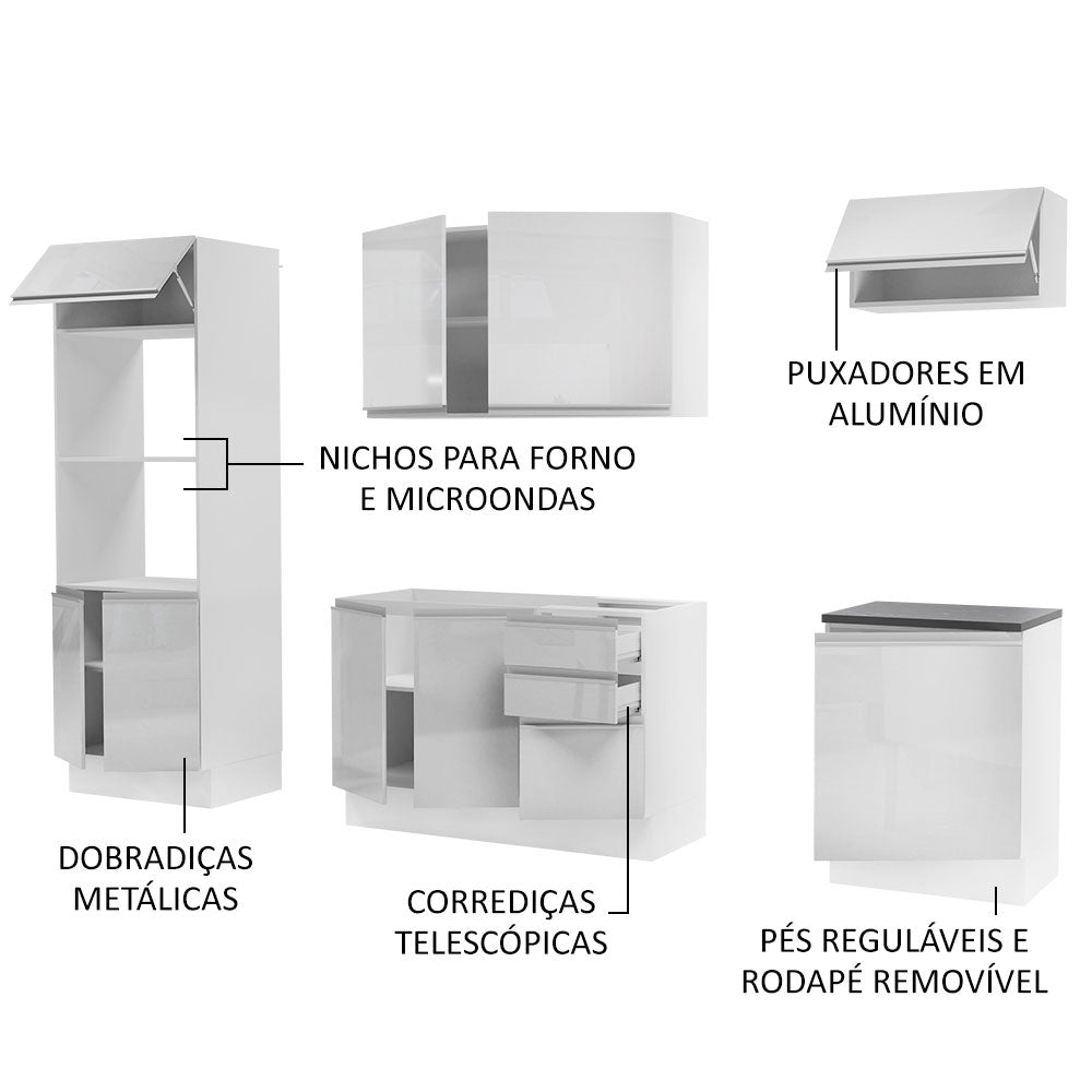 Armário de Cozinha Completa 100% MDF 250cm Frentes Branco Brilho Acordes Madesa 03