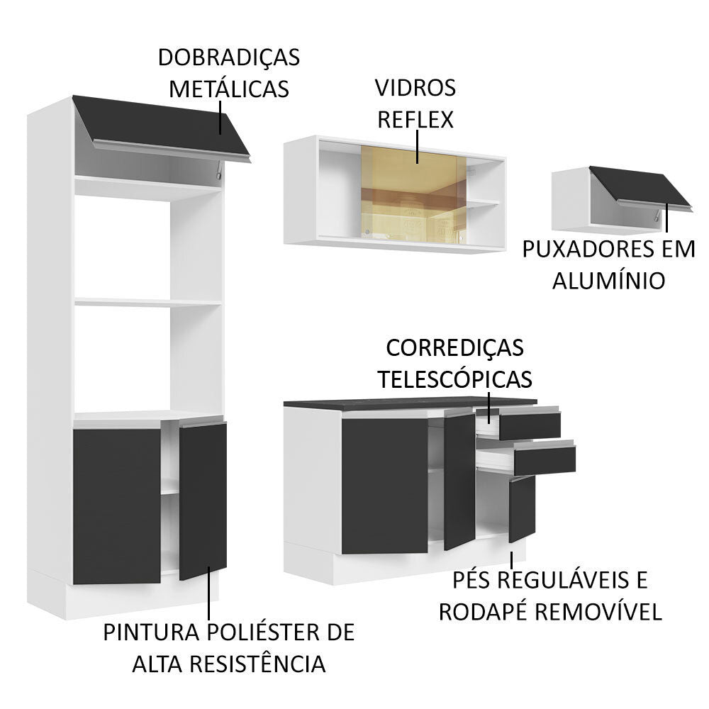 Armário de Cozinha Completa 100% MDF 250cm Branco/Preto Acordes Madesa 04
