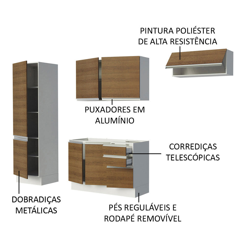 Armário de Cozinha Compacta 100% MDF 260cm Portas Branco/Rustic Acordes Madesa 02