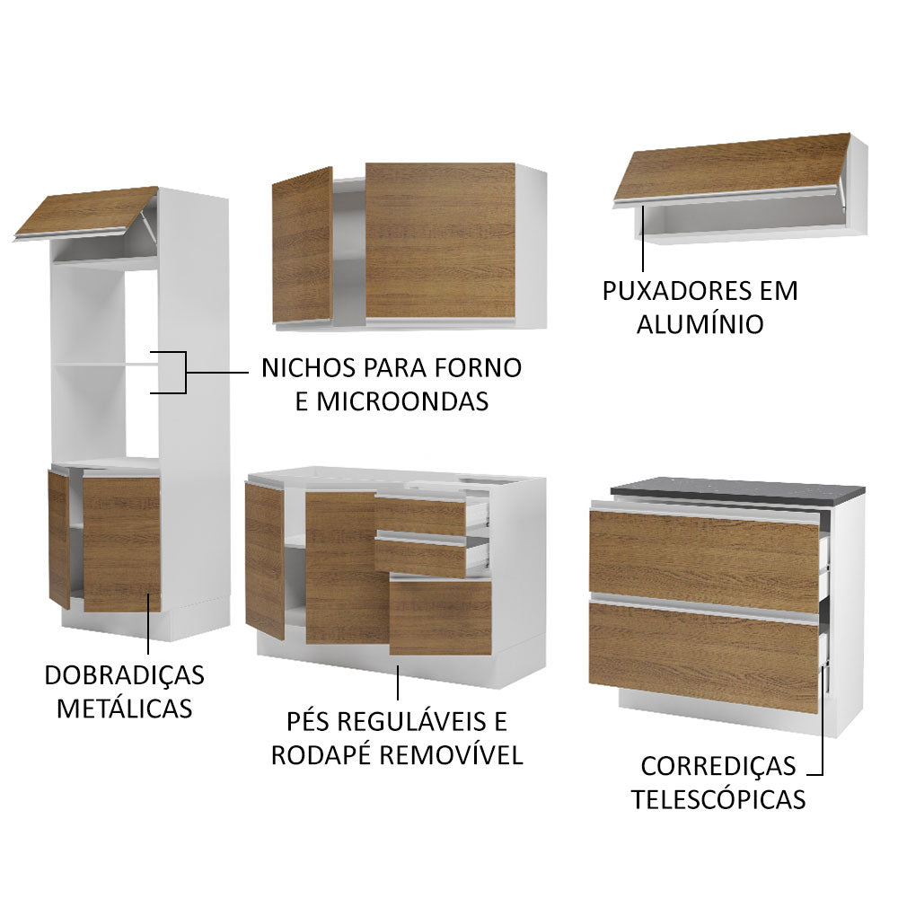 Armário de Cozinha Completa 100% MDF 270cm Branco/Rustic Acordes Madesa 06