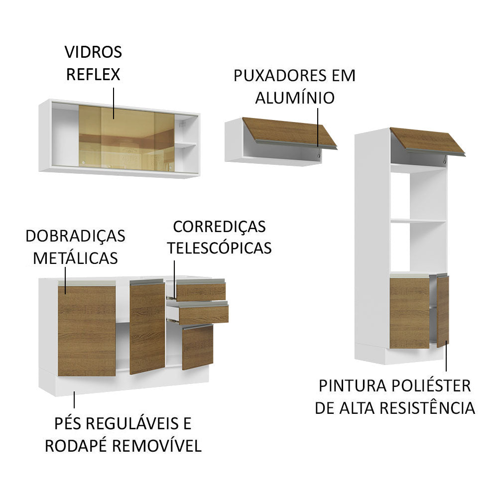 Armário de Cozinha Completa 100% MDF 270cm Branco/Rustic Acordes Madesa 08