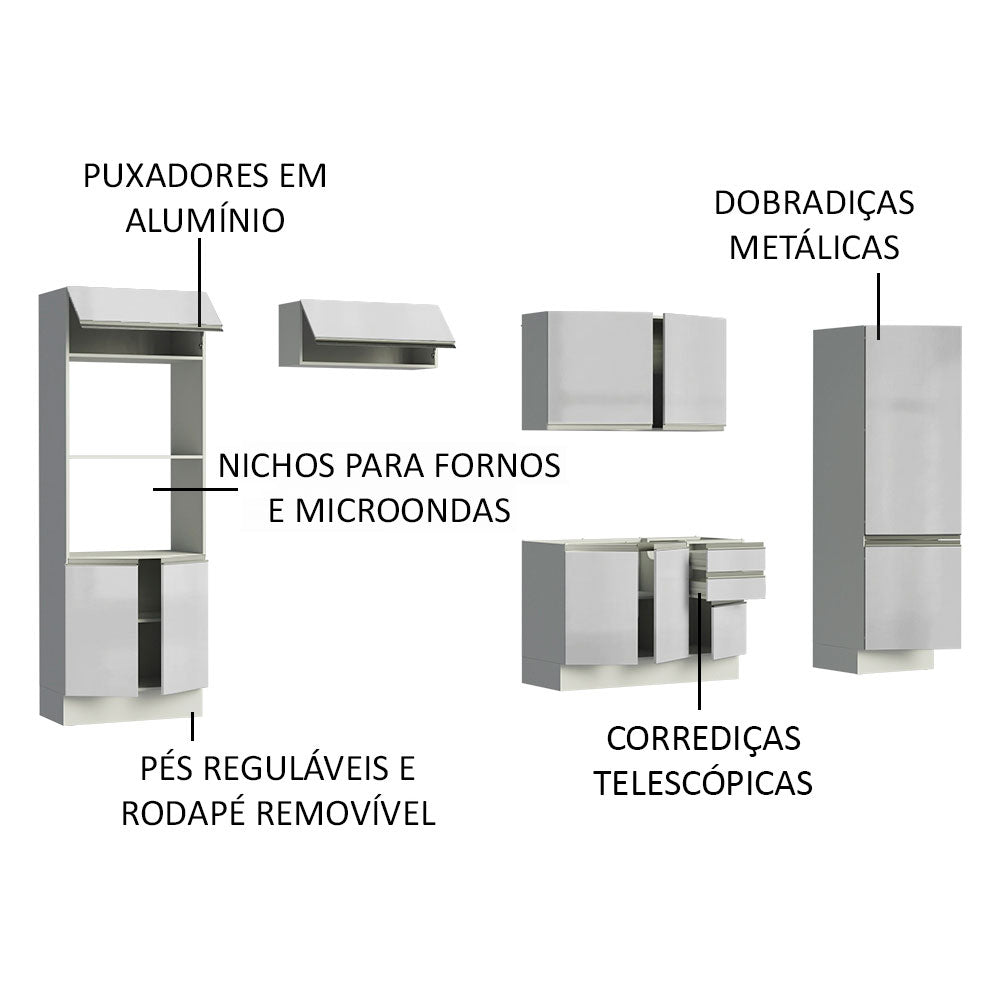 Armário de Cozinha Completa 100% MDF 330cm Frentes Branco Brilho Acordes Madesa 02