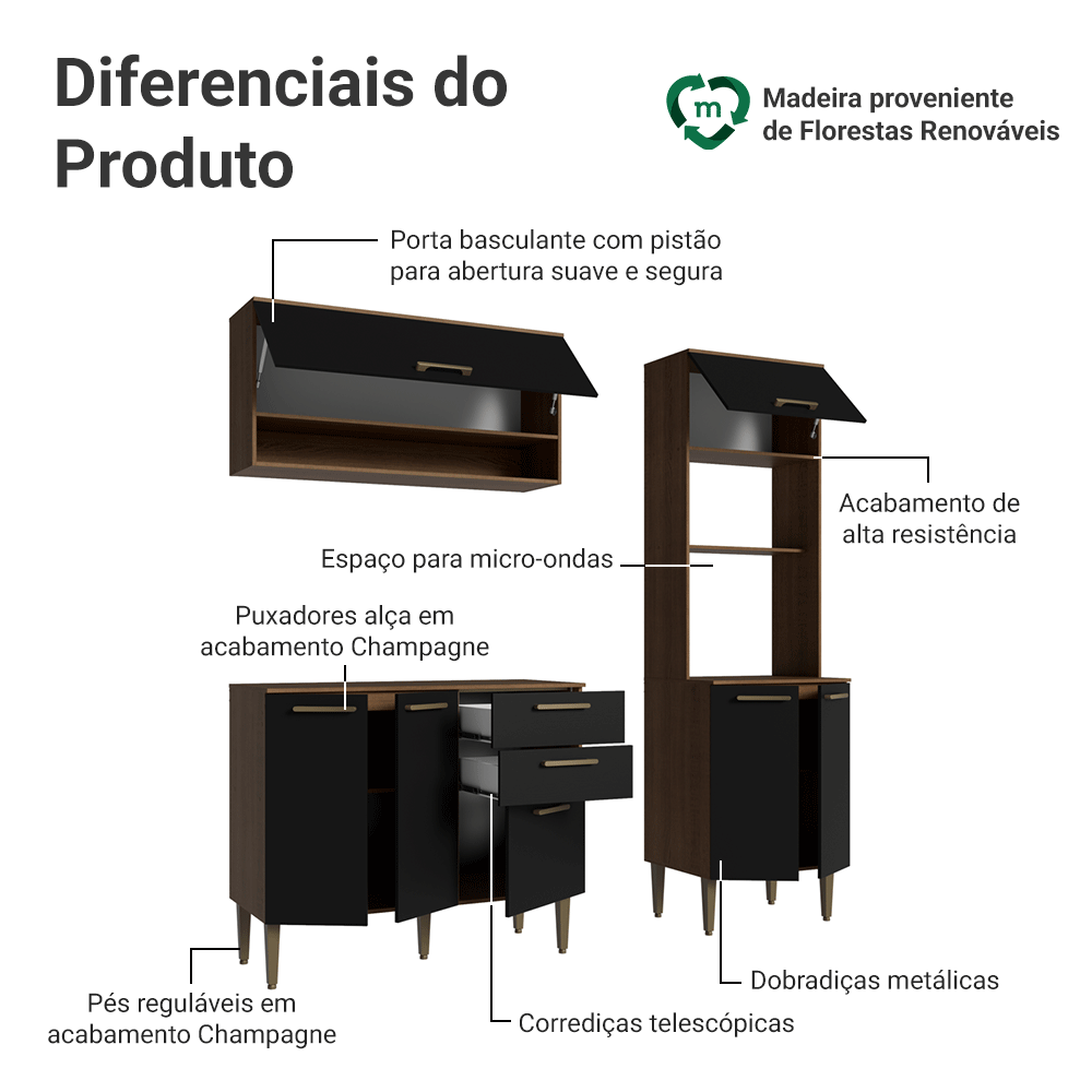Armário de Cozinha Completa 165 cm Rustic/Preto Lille Madesa 01