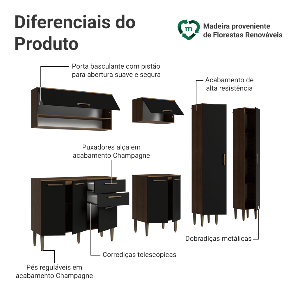 Armário de Cozinha Completa 245 cm Rustic/Preto Lille Madesa 01