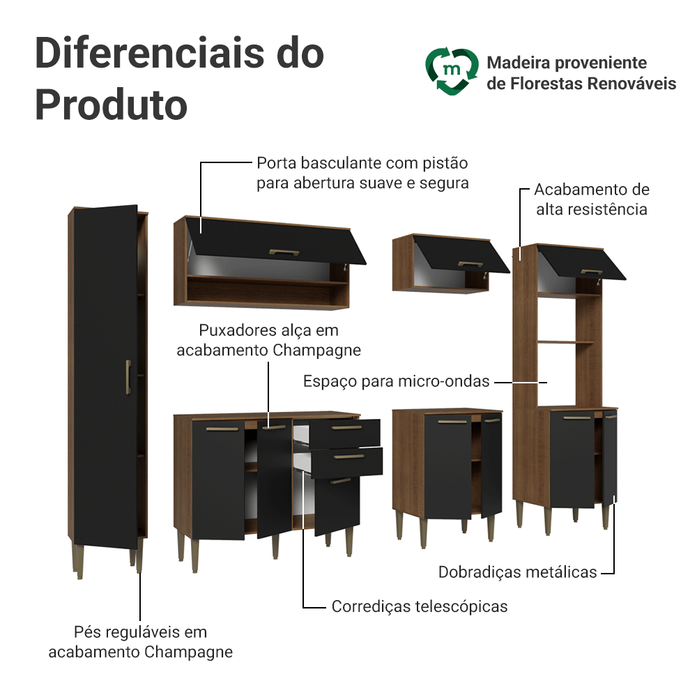 Armário de Cozinha Completa 265 cm Rustic/Preto Lille Madesa 01
