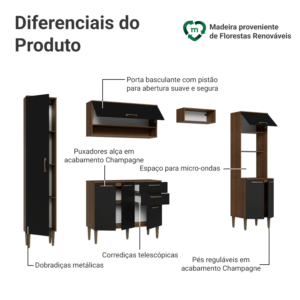 Armário de Cozinha Completa 265 cm Rustic/Preto Lille Madesa 02