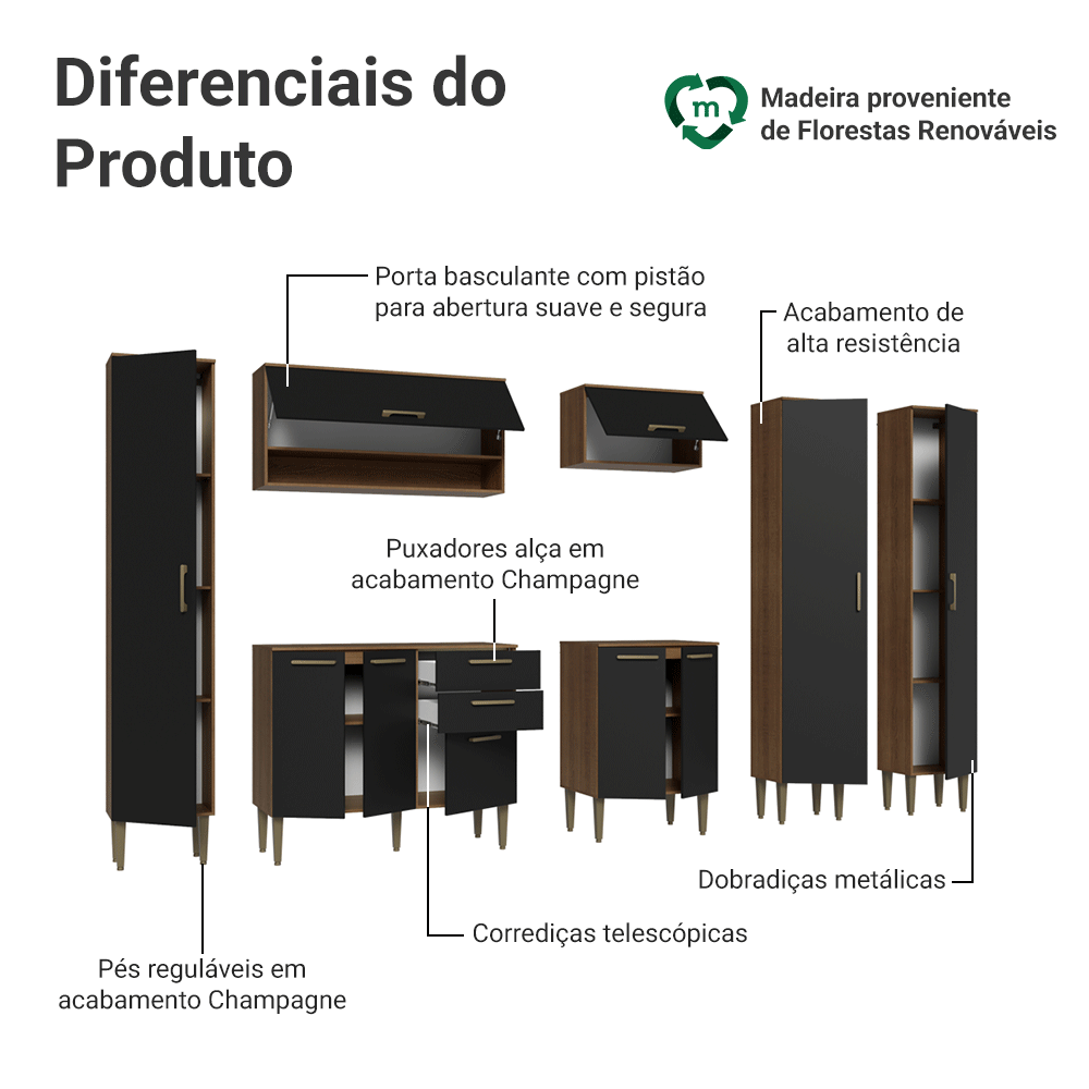 Armário de Cozinha Completa 285 cm Rustic/Preto Lille Madesa 01