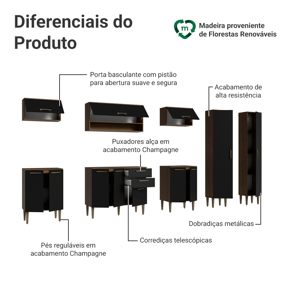 Armário de Cozinha Completa 305 cm Rustic/Preto Lille Madesa 01
