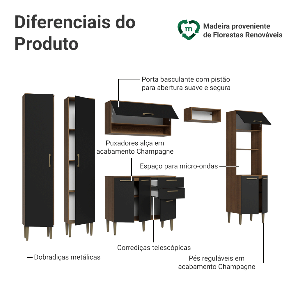 Armário de Cozinha Completa 305 cm Rustic/Preto Lille Madesa 02