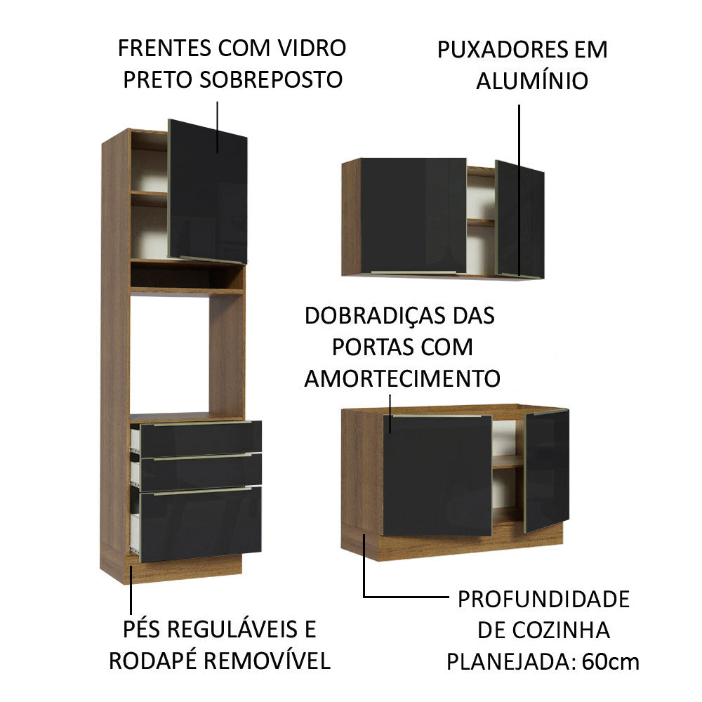 Armário de Cozinha Compacta 180 x 60 cm Rustic/Preto Lux Madesa 01
