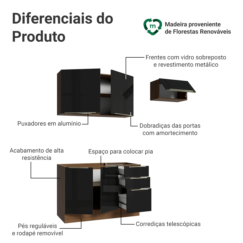 Armário de Cozinha Compacta 180 x 60 cm Rustic/Preto Lux Madesa 03