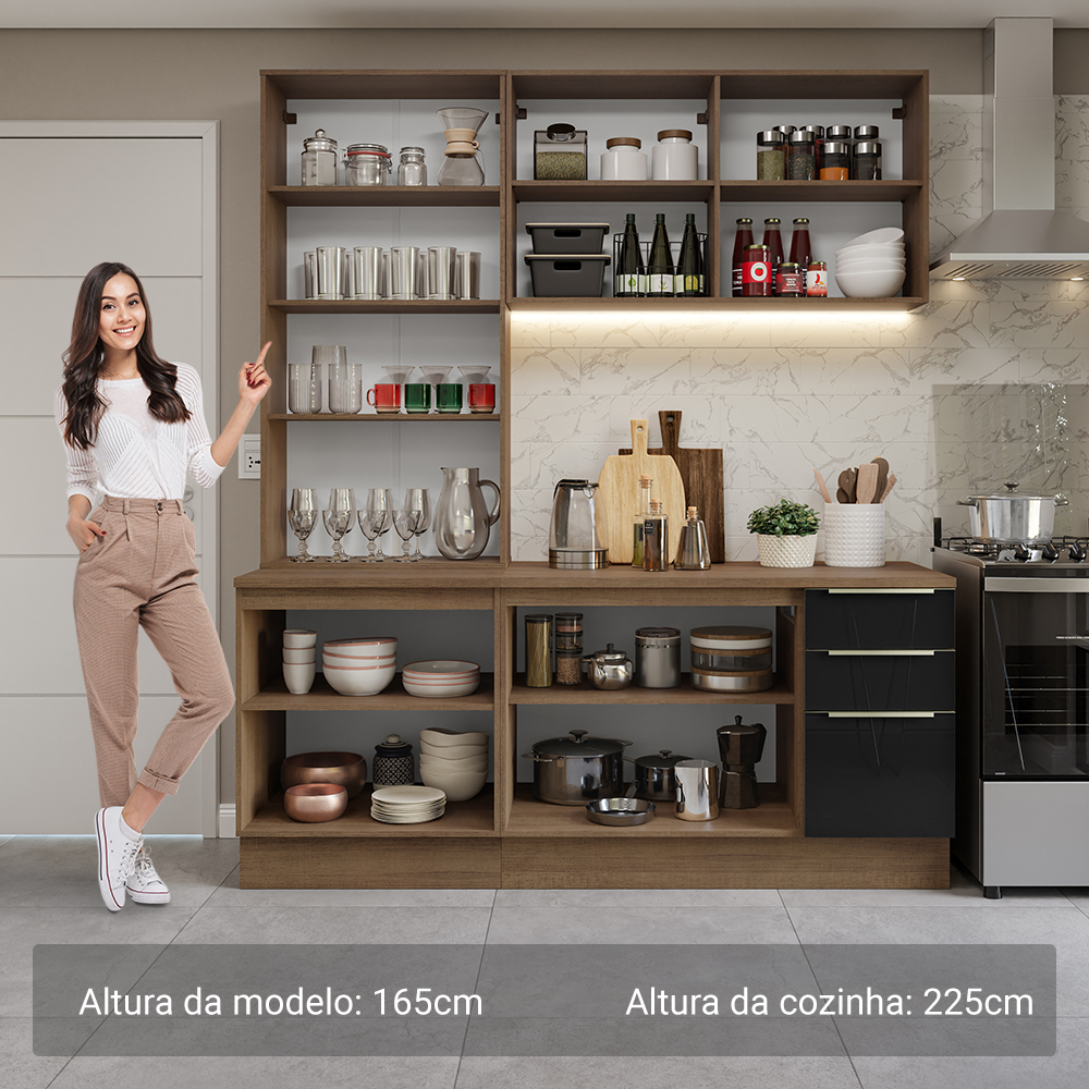 Armário de Cozinha Compacta 190 x 60 cm Rustic/Preto Lux Madesa 02