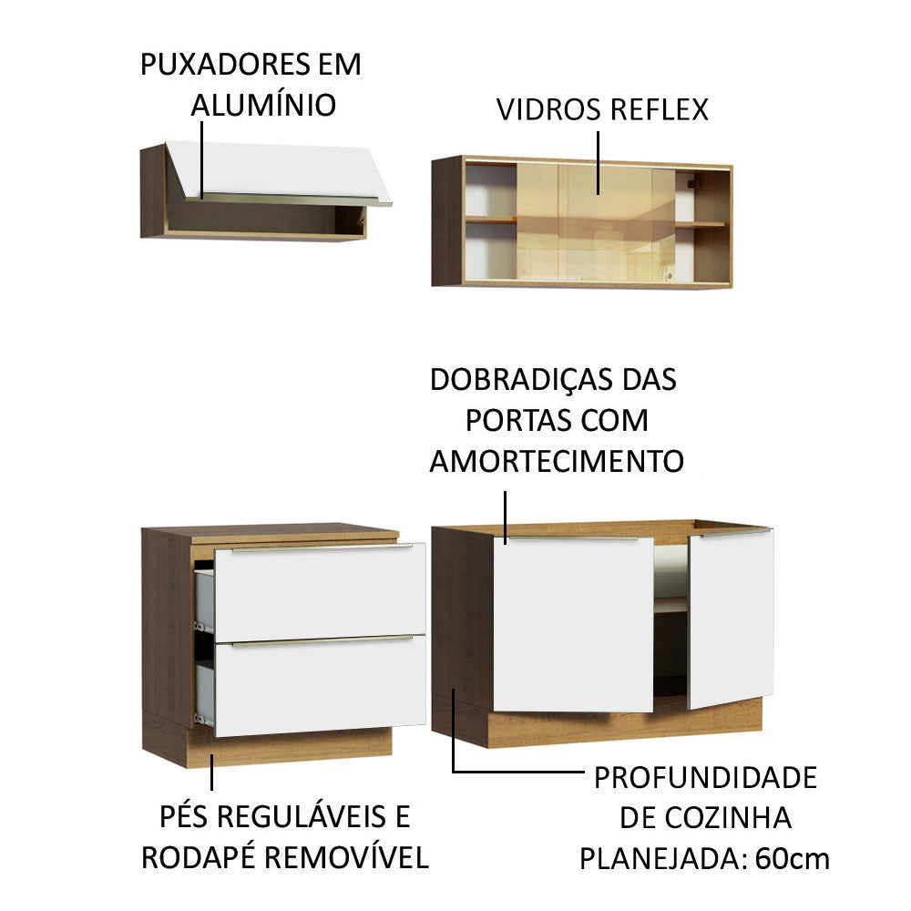 Armário de Cozinha Compacta 200 x 60 cm Rustic Branco Veludo Lux Madesa 01