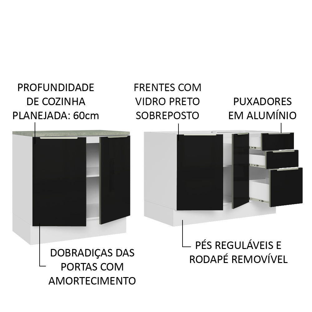 Kit com 2 Balcões de Cozinha 4 Portas 3 Gavetas 200 x 60 cm (Sem Tampo e Pia) Branco/Preto Lux Madesa