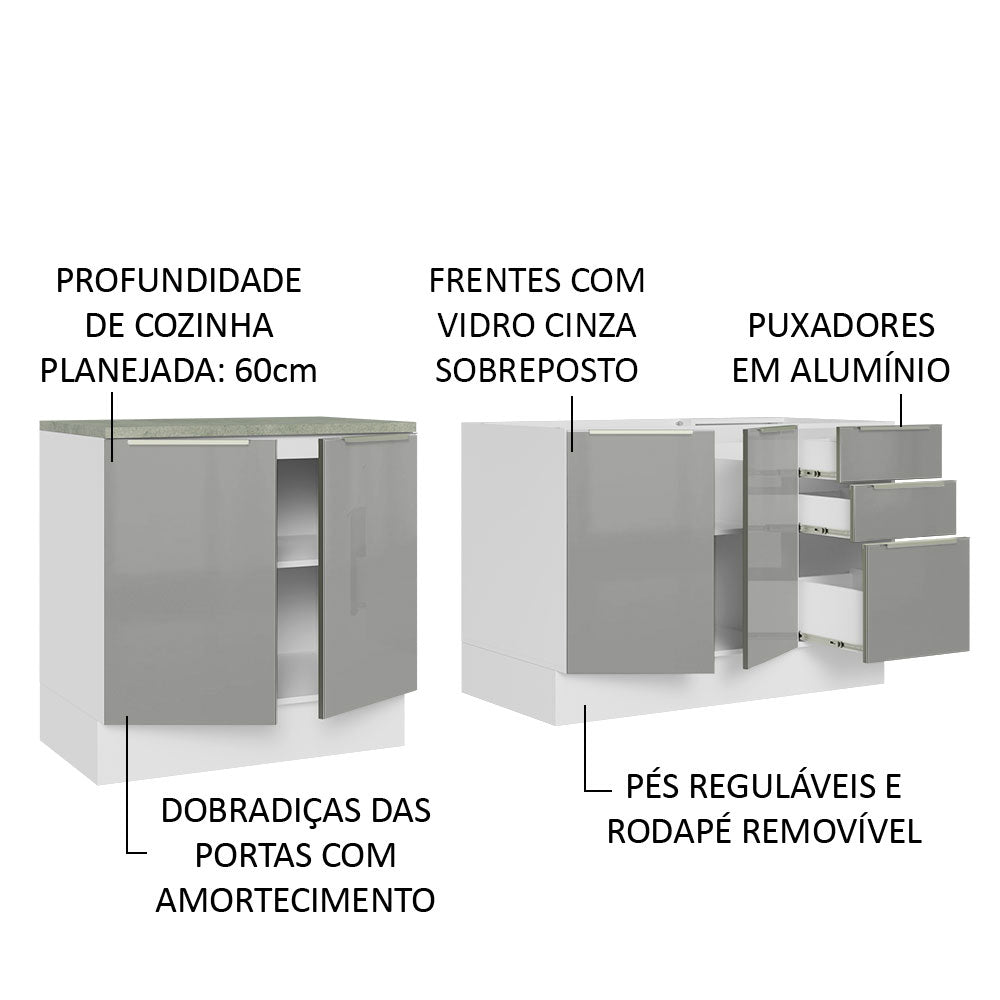 Kit com 2 Balcões de Cozinha 4 Portas 3 Gavetas 200 x 60 cm (Sem Tampo e Pia) Branco/Cinza Lux Madesa