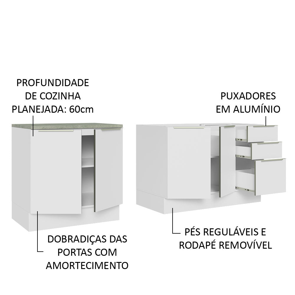 Kit com 2 Balcões de Cozinha 4 Portas 3 Gavetas 200 x 60 cm (Sem Tampo e Pia) Branco/Branco Veludo Lux Madesa