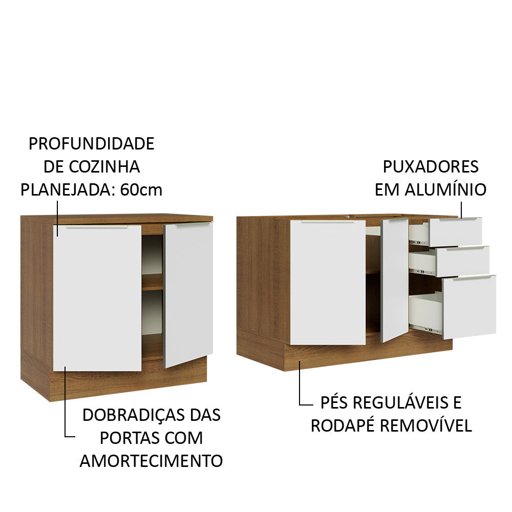 Kit com 2 Balcões de Cozinha 4 Portas 3 Gavetas 200 x 60 cm (Sem Tampo e Pia) Rustic/Branco Veludo Lux Madesa