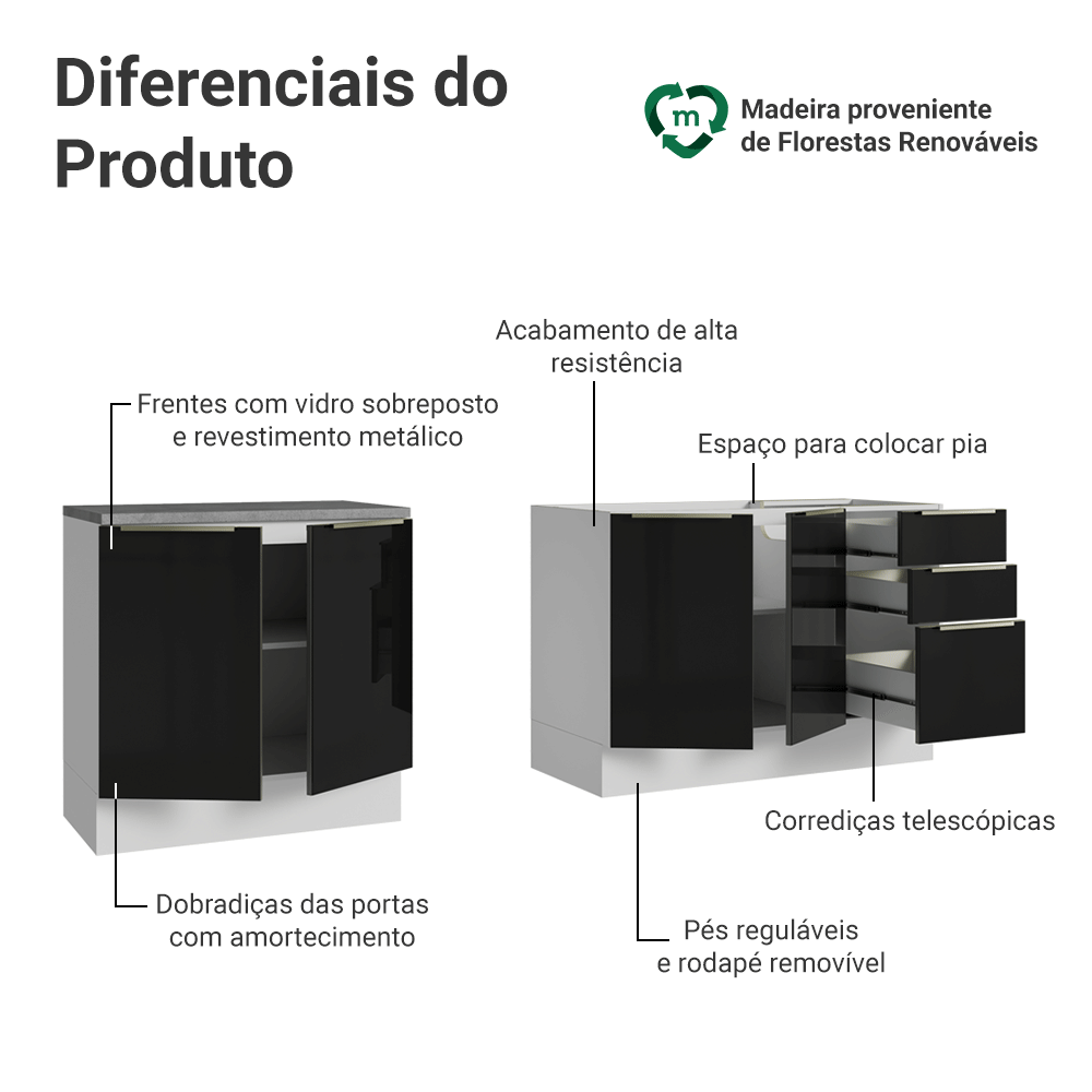Armário de Cozinha Compacta 200 cm Branco/Preto Lux Madesa 05