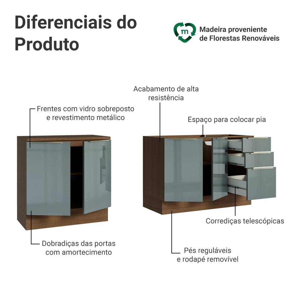 Armário de Cozinha Compacta 200 cm Rustic/Cinza Lux Madesa 05