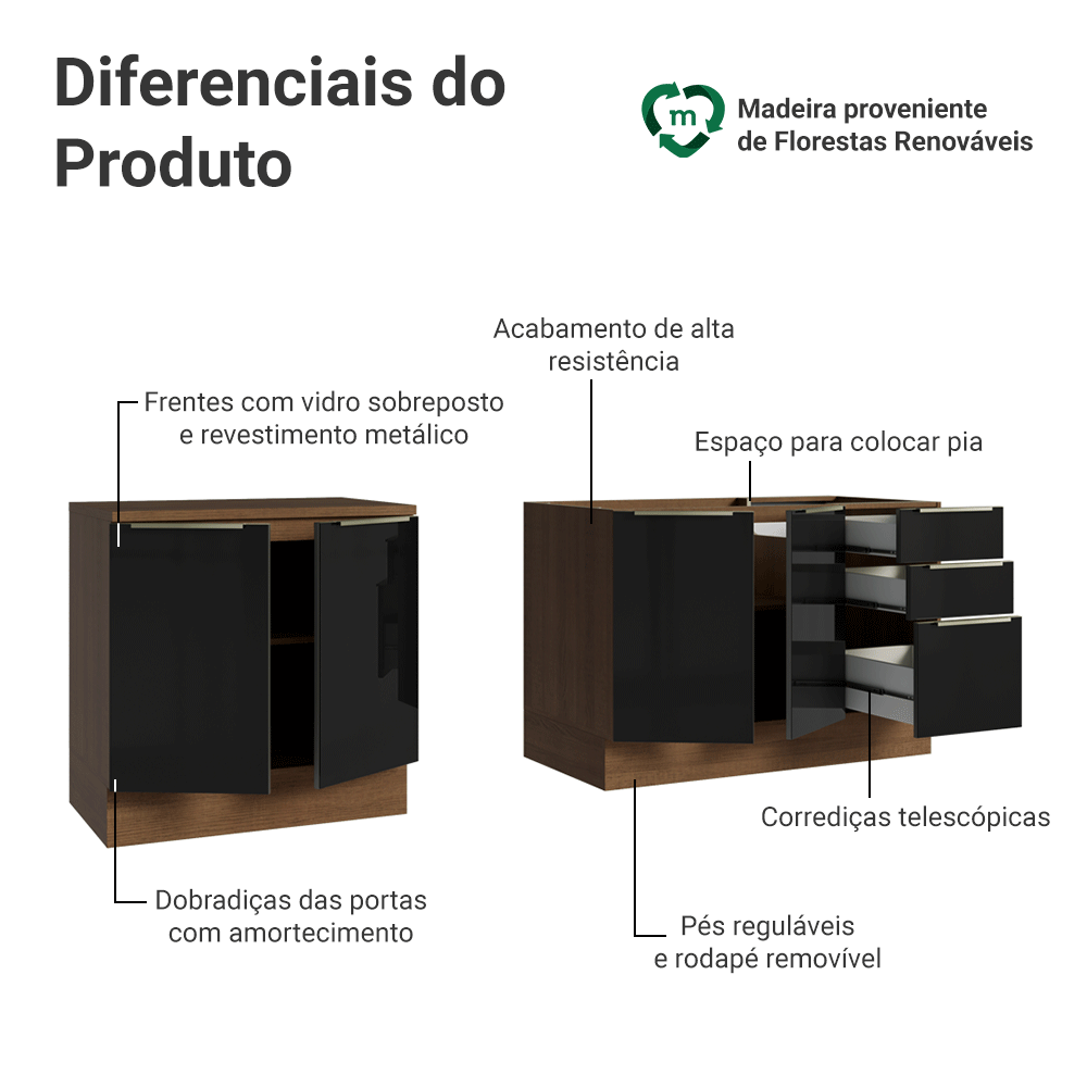 Armário de Cozinha Compacta 200 cm Rustic/Preto Lux Madesa 06