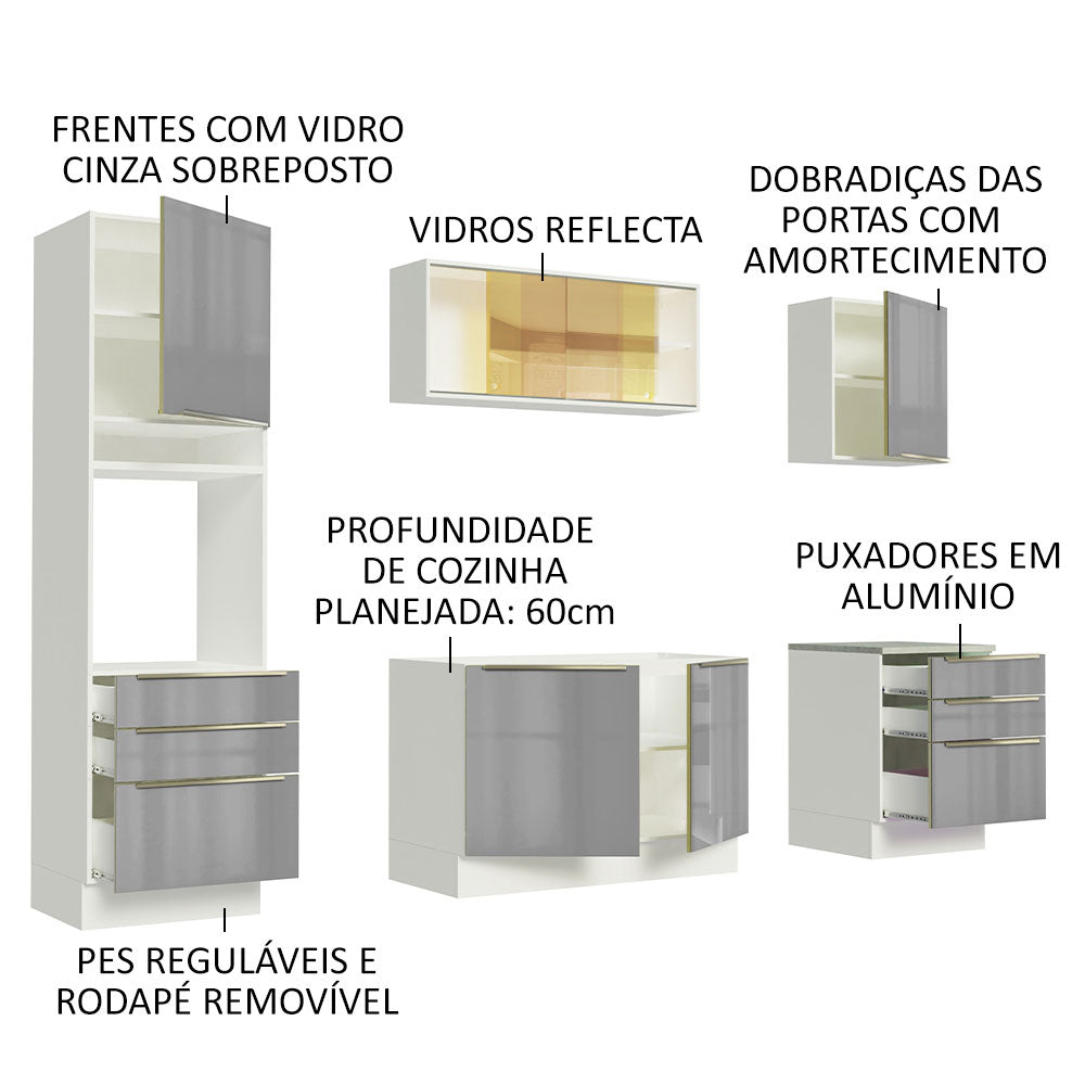 Armário de Cozinha Completa 240 x 60 cm Branco/Cinza Lux Madesa 02