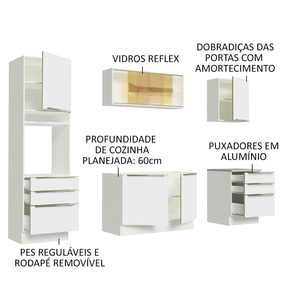 Armário de Cozinha Completa 240 x 60 cm Branco Branco Veludo Lux Madesa 02