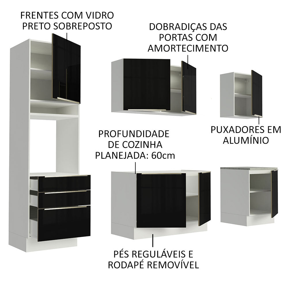 Armário de Cozinha Completa 240 x 60 cm Branco/Preto Lux Madesa 03