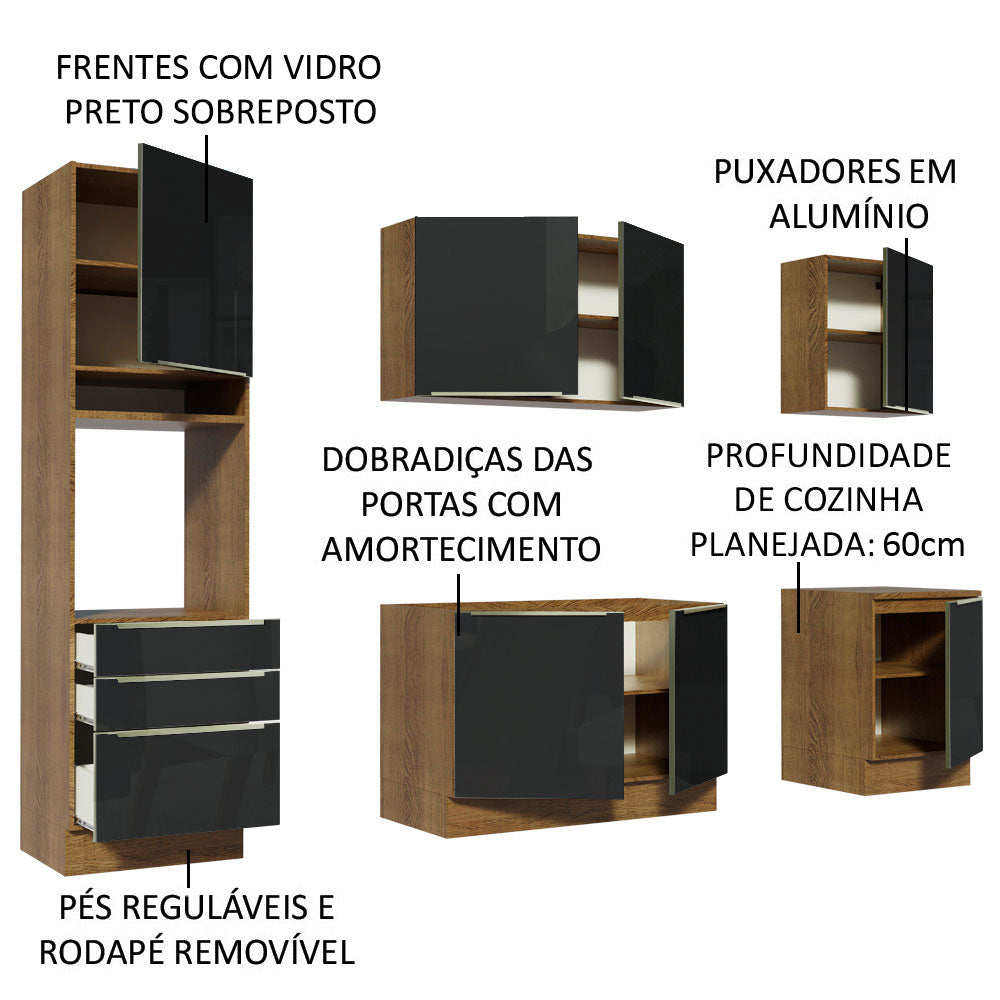 Armário de Cozinha Completa 240 x 60 cm Rustic/Preto Lux Madesa 03