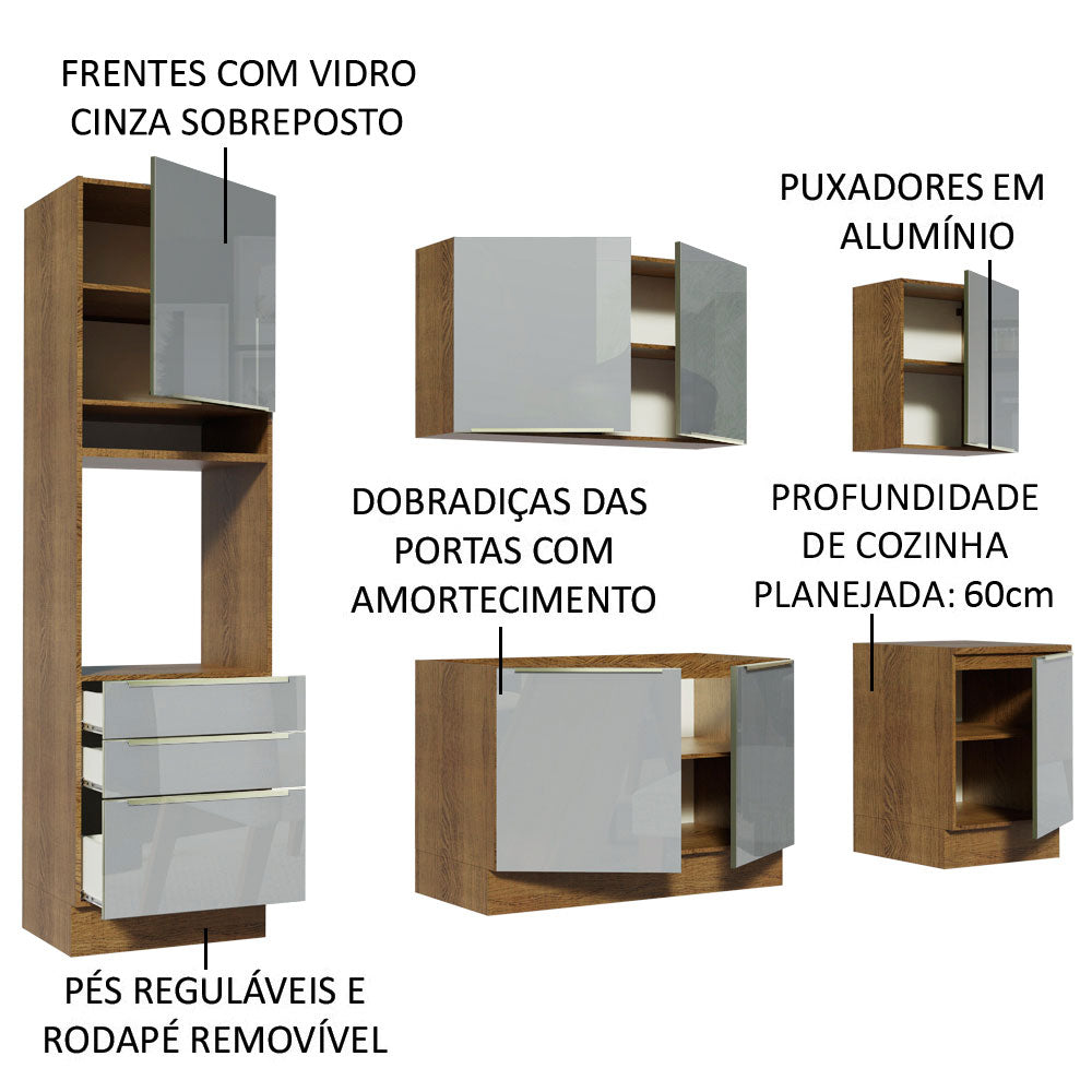 Armário de Cozinha Completa 240 x 60 cm Rustic/Cinza Lux Madesa 03