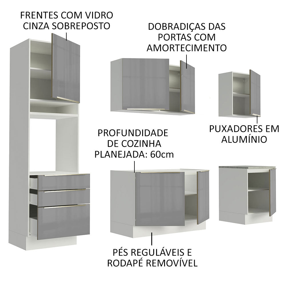Armário de Cozinha Completa 240 x 60 cm Branco/Cinza Lux Madesa 03