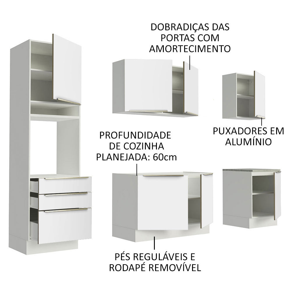 Armário de Cozinha Completa 240 x 60 cm Branco Branco Veludo Lux Madesa 03
