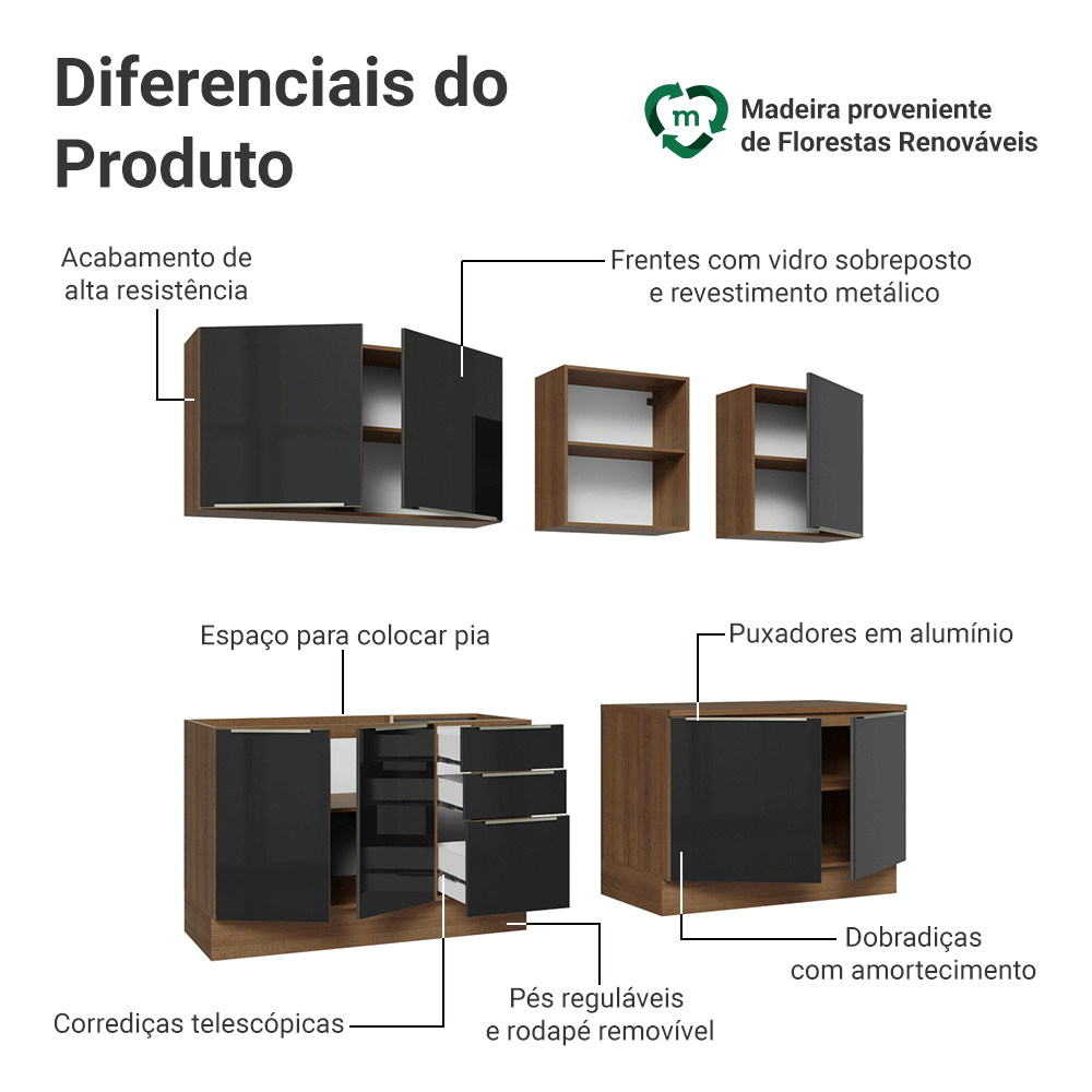 Armário de Cozinha Completa 240 cm Rustic/Preto Lux Madesa 09