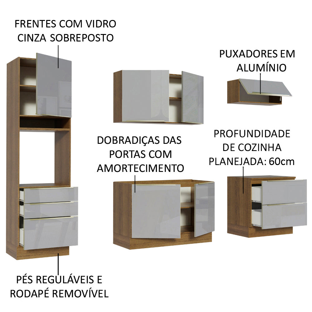 Armário de Cozinha Completa 260cm Rustic/Cinza Lux Madesa 01