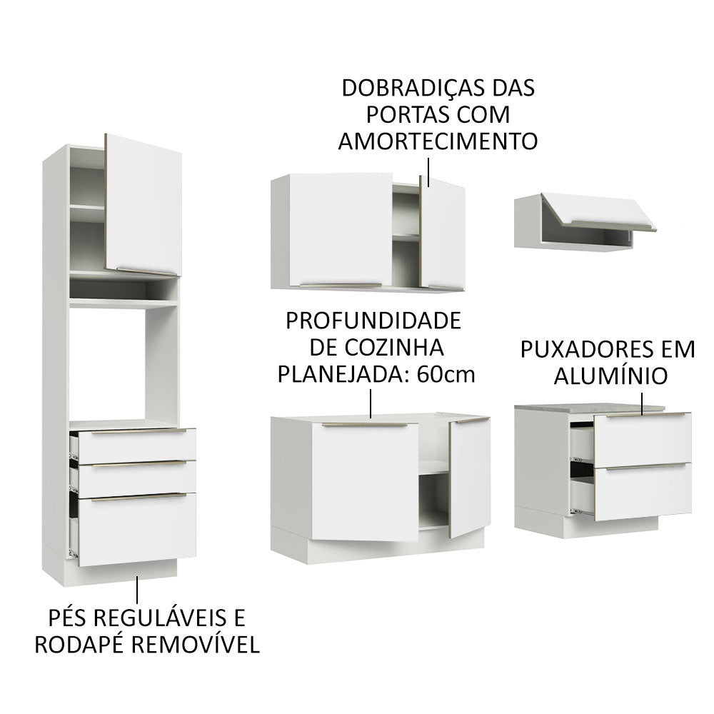 Armário de Cozinha Completa 260cm Branco Branco Veludo Lux Madesa 01